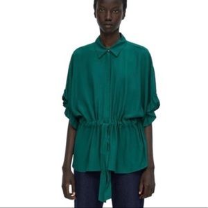Zara Woman Teal/Emerald Button Ruffle Waist Drawstring Top/Blouse Large
